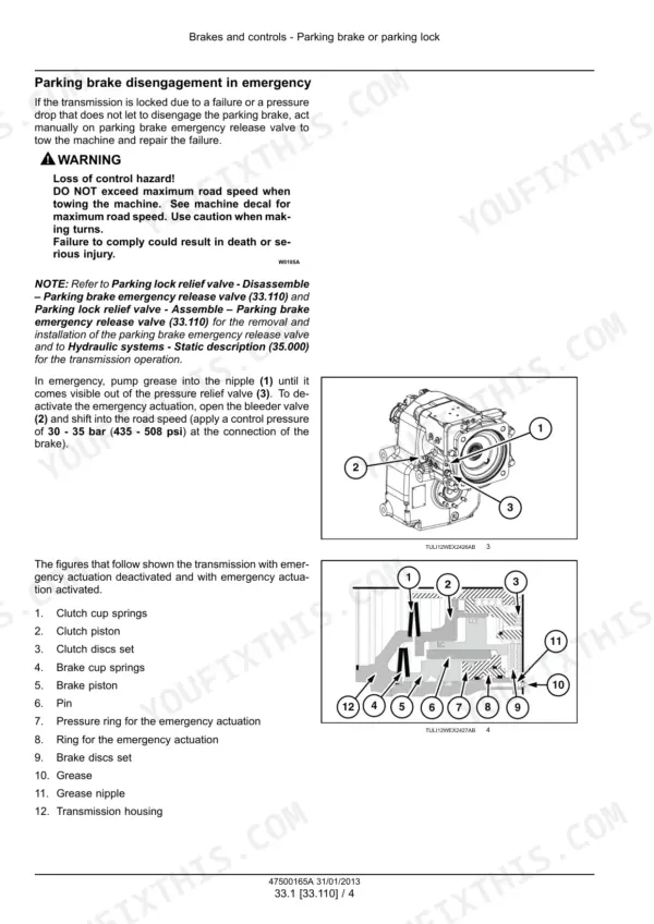 New Holland WE150B wheeled excavator parking brake emergency release instructions with numbered transmission and brake cutaway diagrams