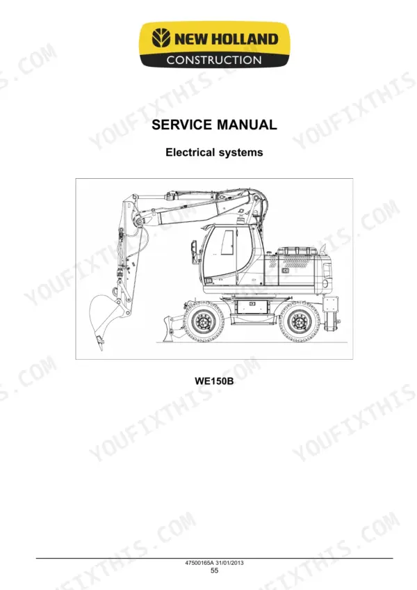 New Holland WE150B wheeled excavator section title page with machine side-view illustration