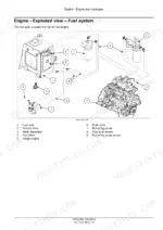 New Holland WE150B wheeled excavator fuel system exploded view with numbered tank, filters, pump and engine