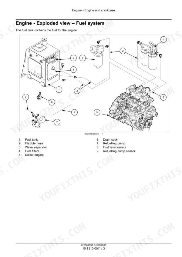 New Holland WE150B wheeled excavator fuel system exploded view with numbered tank, filters, pump and engine
