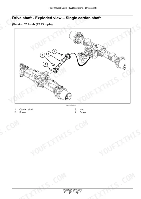 New Holland WE150B wheeled excavator cardan drive shaft exploded view between front and rear axles with numbered parts
