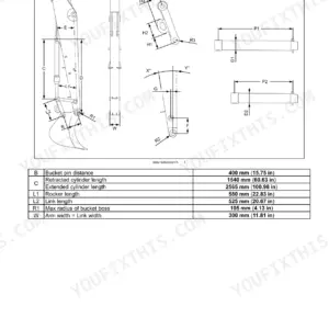 New Holland WE170B, WE190B wheeled excavator bucket and dipper arm interface diagram with lettered dimensions and measurement table