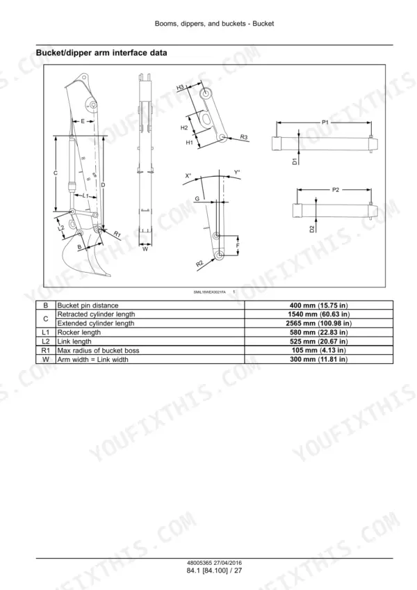 New_Holland_WE170B_WE190B_Service_Manual_Wheeled_Excavator_48005365.pdf-booms-dippers-and-buckets-1204-1.webp New Holland WE170B, WE190B wheeled excavator bucket and dipper arm interface diagram with lettered dimensions and measurement table