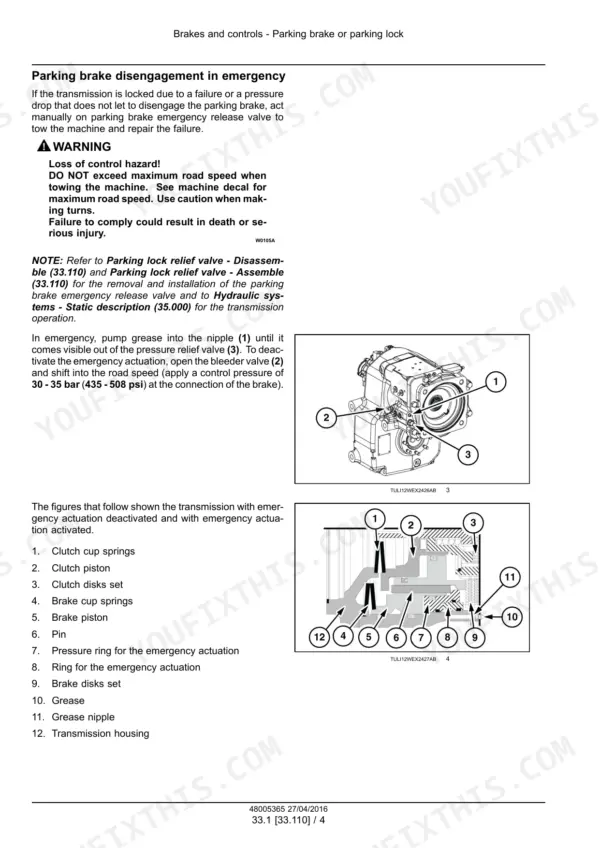 New Holland WE170B, WE190B wheeled excavator parking brake emergency release warning, transmission photo and cutaway with numbered parts list