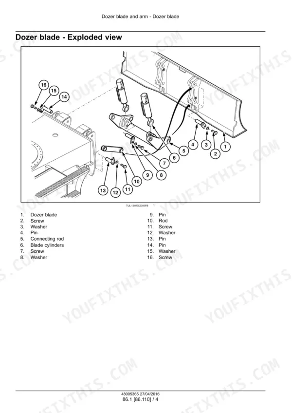 New Holland WE170B, WE190B wheeled excavator exploded view of dozer blade with cylinders, pins, washers and screws numbered