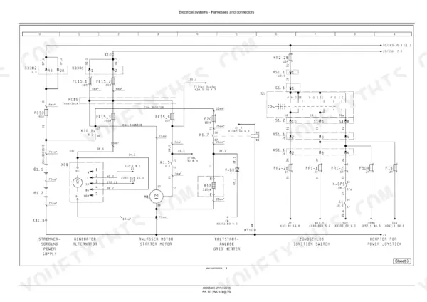 New Holland WE170B, WE190B wheeled excavator electrical wiring schematic sheet with fuses, relays, starter motor, alternator and ignition switch