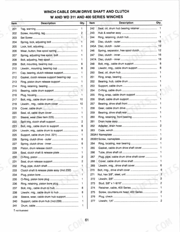 Allied 300, 400, WD winch cable drum drive shaft and clutch parts list table for the W and WD 311 series.