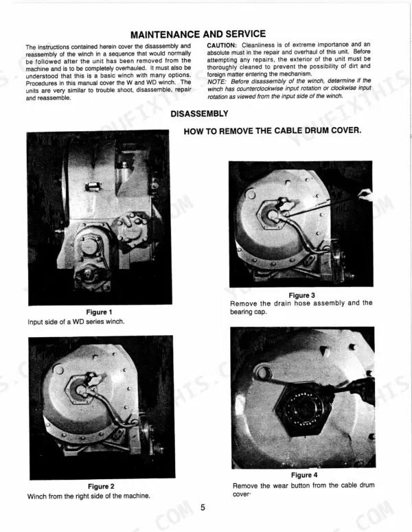 Allied 300, 400, WD winch disassembly procedure: removing cable drum cover, drain hose, bearing cap, and wear button.