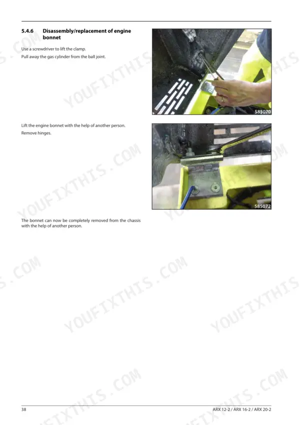 Ammann ARX 12-2, 16-2, 20-2 engine bonnet disassembly procedure, showing gas cylinder and hinge removal steps.