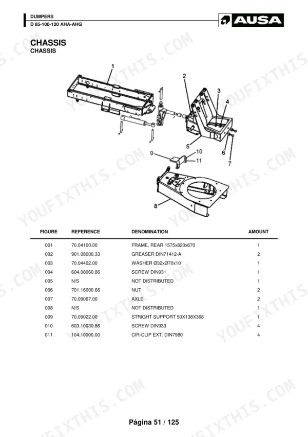 Ausa D 85-100-120 AHA-AHG exploded view diagram and parts list for the chassis frame assembly.