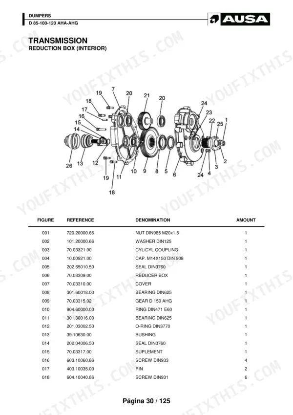 Ausa D 85-100-120 AHA-AHG transmission reduction box interior exploded view and parts list.