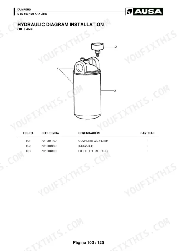 Ausa D 85-100-120 AHA-AHG hydraulic oil filter exploded view and parts list table.