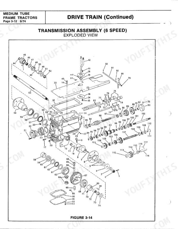 Bolens 600-1656 exploded view diagram of the 6-speed transmission assembly, showing gears, shafts, and housing components.