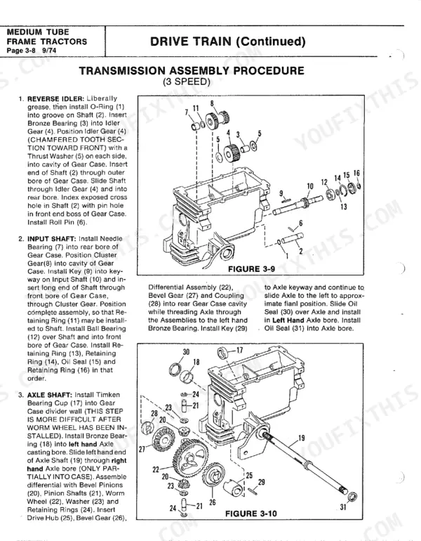 Bolens 600-1656: 3-speed transmission assembly procedure, exploded view diagrams of gear case, input shaft, and differential components.