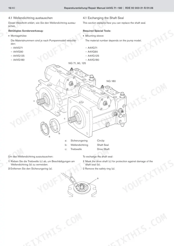 Bosch Rexroth A4VG 71-180 shaft seal replacement procedure and component diagram.