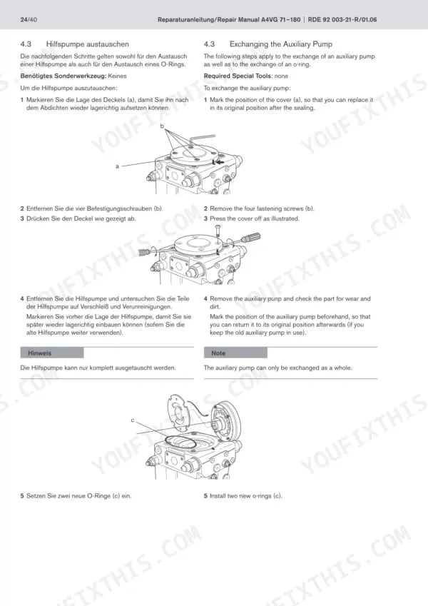 Bosch Rexroth A4VG 71-180 repair manual: step-by-step procedure for exchanging the auxiliary pump and installing new O-rings.