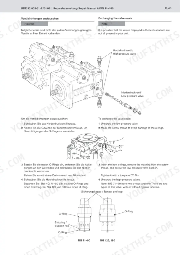 Bosch Rexroth A4VG 71-180 repair manual page showing procedure to exchange high and low-pressure valve seals with 70 Nm torque spec.