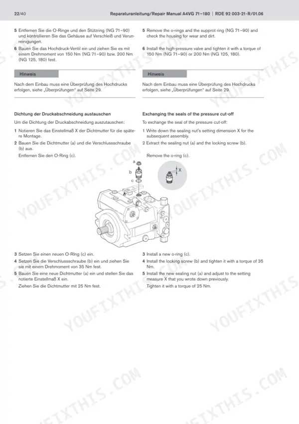 Bosch Rexroth A4VG 71-180 repair manual showing high-pressure valve and pressure cut-off seal procedures.