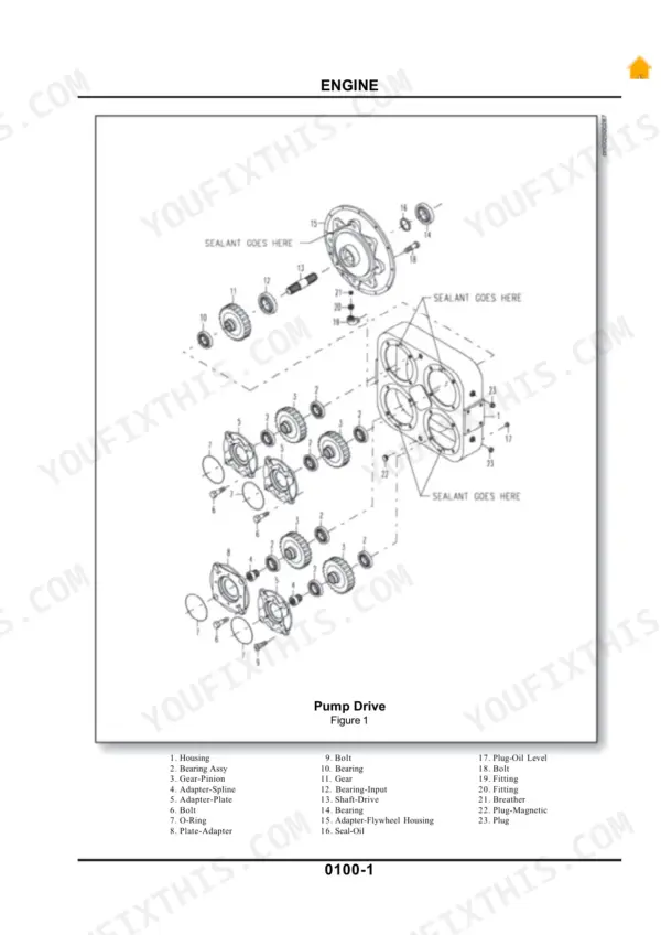 cameco-ch3500-harvester-repair-manual-exploded-view-28.webp Cameco CH3500 engine pump drive exploded view diagram showing housing, gears, bearings, and flywheel housing components.