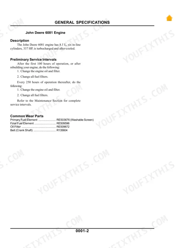 Cameco CH3500 John Deere 6081 engine specifications, service intervals, and common wear parts list.