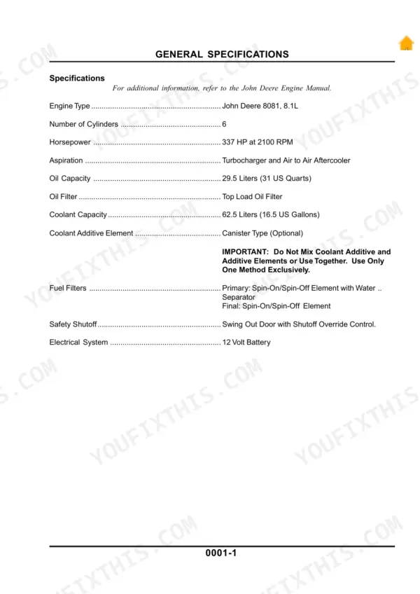 Cameco CH3500 general specifications table for John Deere 8081 8.1L engine, including oil, coolant, and fuel system data.