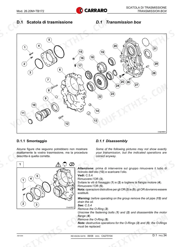 Carraro 26.20M, TB172 exploded view of transmission box and disassembly procedure steps for motor flange and O-rings.