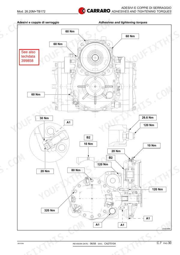 Carraro 26.20M, TB172 torque specification diagram showing bolt tightening values for axle housing and components.