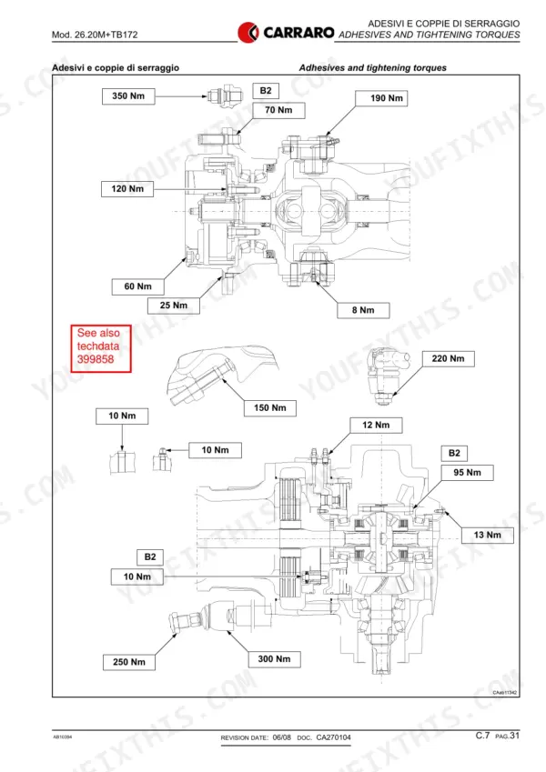 Carraro 26.20M, TB172 axle assembly diagram showing specific tightening torque values in Nm for various bolts and components.