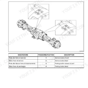 Carraro 26.27M, 26.32M axle diagram showing service and parking brake connections, vents, and oil port identification table.