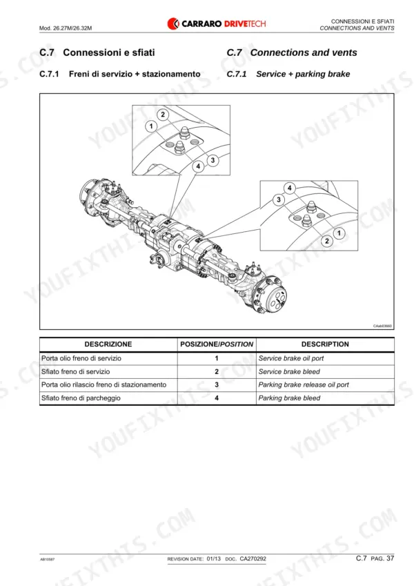 carraro-26-27m-26-32m-modular-axles-repair-manual-ca270292-hydraulic-41.webp Carraro 26.27M, 26.32M axle diagram showing service and parking brake connections, vents, and oil port identification table.