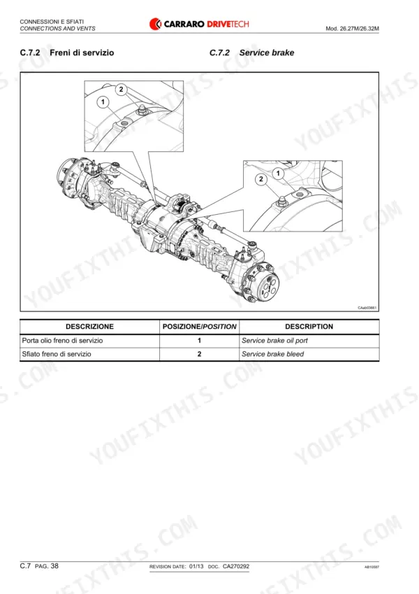 Carraro 26.27M, 26.32M service brake diagram showing oil port and bleed locations on the axle assembly with parts table.