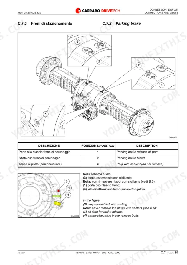 Carraro 26.27M, 26.32M parking brake diagram showing oil ports, bleed valves, and sealant plugs with identification table.