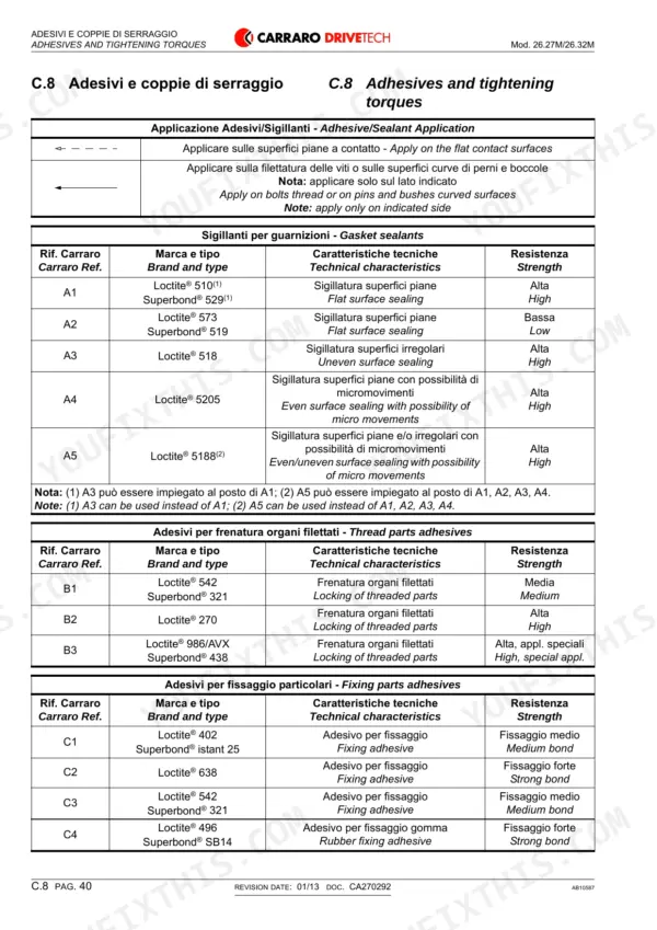 Carraro 26.27M, 26.32M service manual table for adhesive, sealant, and thread locking compound specifications.