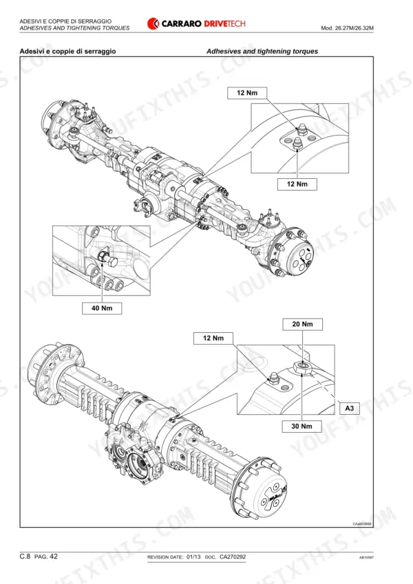 Carraro 26.27M, 26.32M axle assembly diagram showing specific tightening torque values for housing bolts and fasteners.