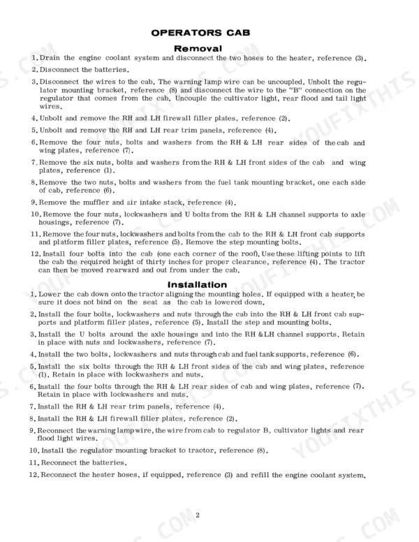 Case 1030, 930 service manual: step-by-step procedures for operators cab removal and installation.