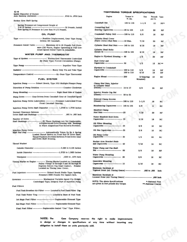 Case 1030, 930 engine specifications, fuel system data, and tightening torque specifications table for engine components.