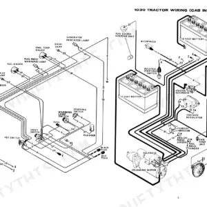 Case 1030, 930 tractor wiring diagram for cab installed models showing battery, generator, starter, and lighting circuits.