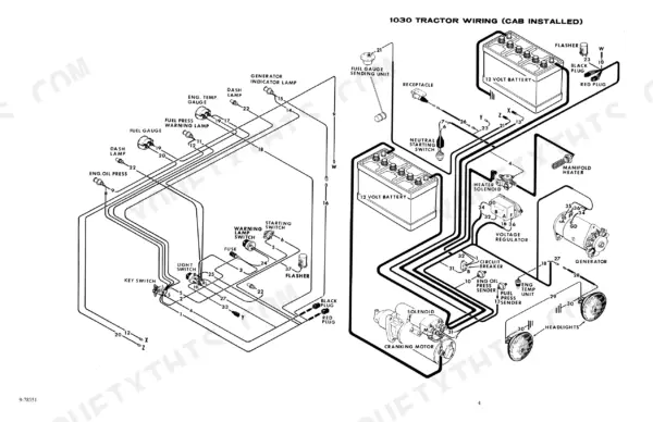 case-1030-tractor-service-manual-9-76931-wiring-13.webp Case 1030, 930 tractor wiring diagram for cab installed models showing battery, generator, starter, and lighting circuits.