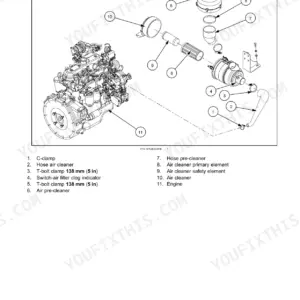 Case 1107EX exploded view diagram of engine air cleaner, pre-cleaner, hoses, and primary/safety filter elements.