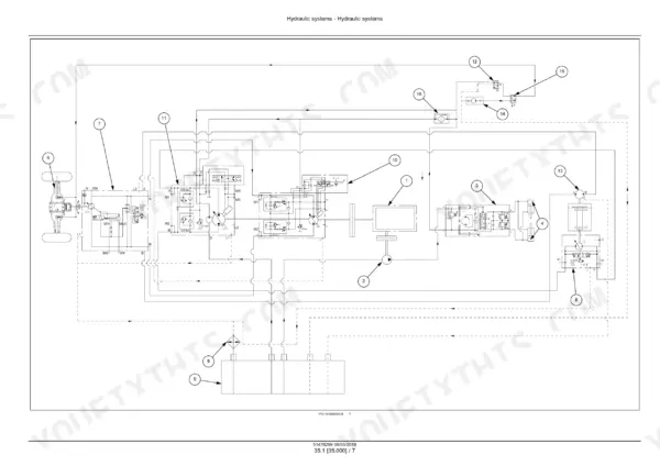 Case 1107EX hydraulic system schematic showing pumps, motors, valves, and steering components with numbered callouts.