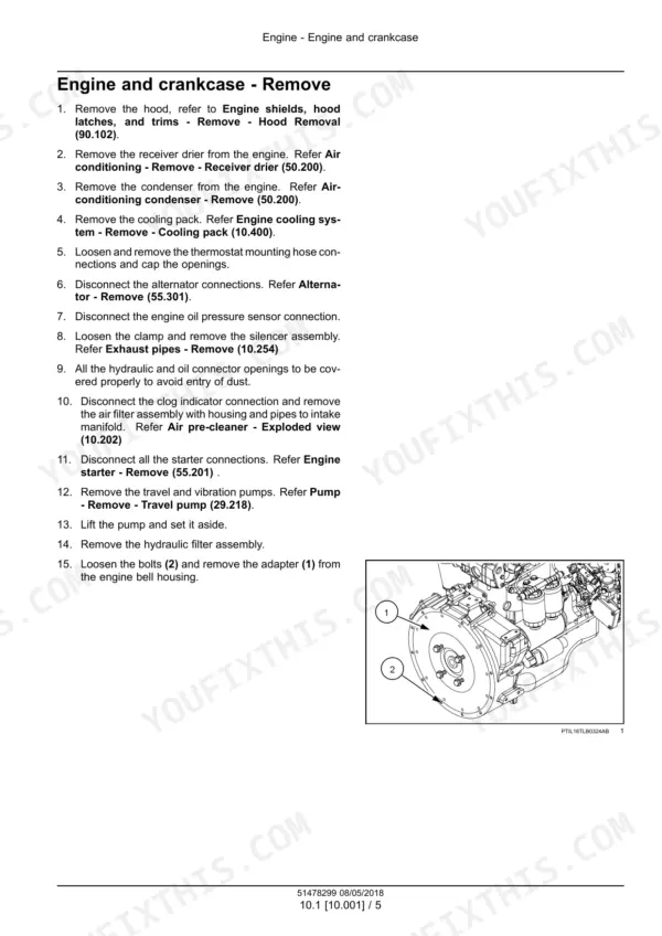 Case 1107EX engine and crankcase removal procedure steps and diagram showing engine bell housing adapter removal.