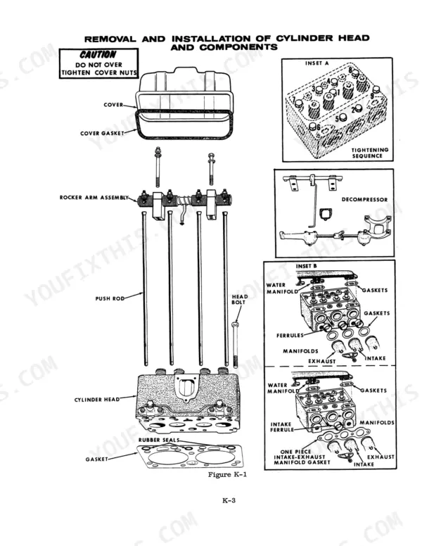 Case 1200 Traction King cylinder head removal and installation diagram, showing rocker assembly, push rods, and bolt sequence.