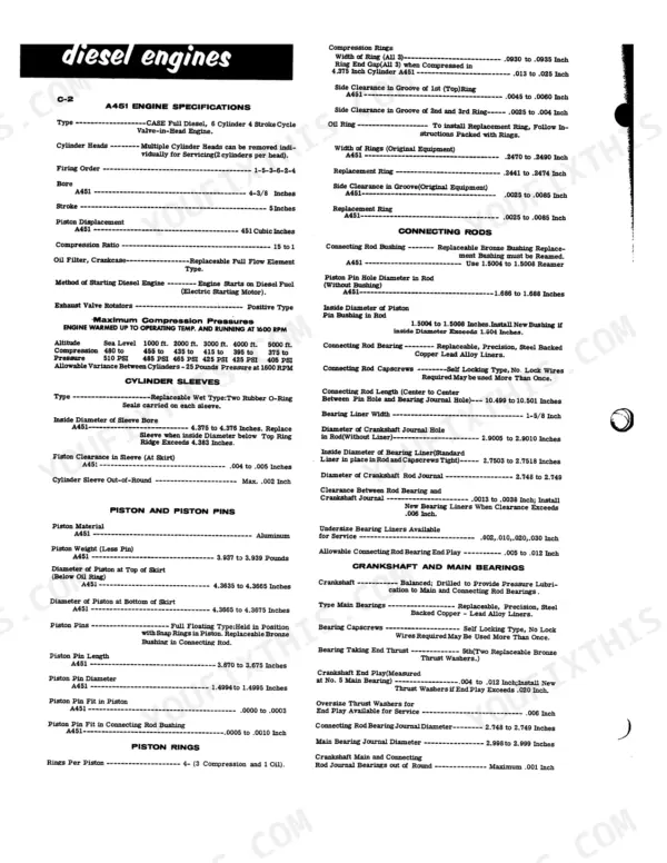 Case 1200 Traction King A451 diesel engine specifications, piston, connecting rod, and crankshaft clearance data table.