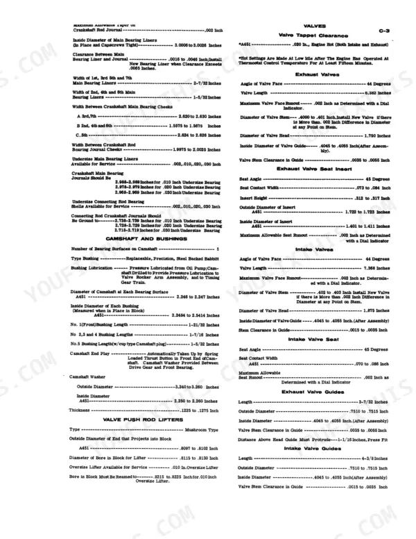 Case 1200 Traction King engine specifications table for crankshaft, camshaft, valve train, and valve seat clearances.
