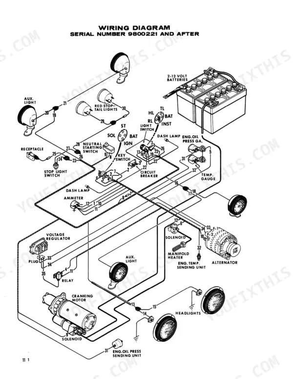 case-1200-wheel-tractor-service-manual-9-75291-wiring-6.webp Case 1200 Traction King wiring diagram for serial number 9800221 and after, showing battery, alternator, and lighting.