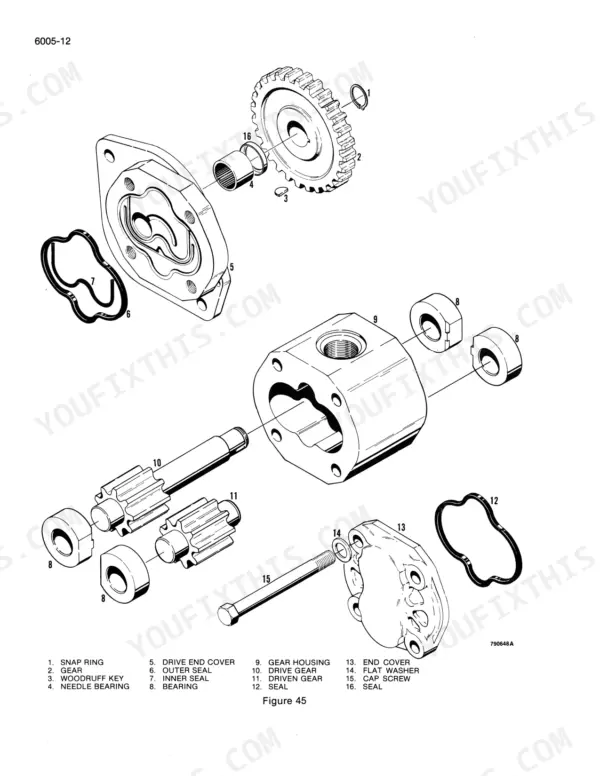 Case 1450B, 1455B charging pump exploded view (Figure 45) showing gear pump components