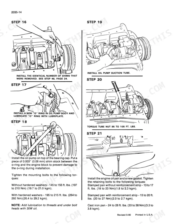 Case 1450B, 1455B engine oil pump assembly page with torque specifications
