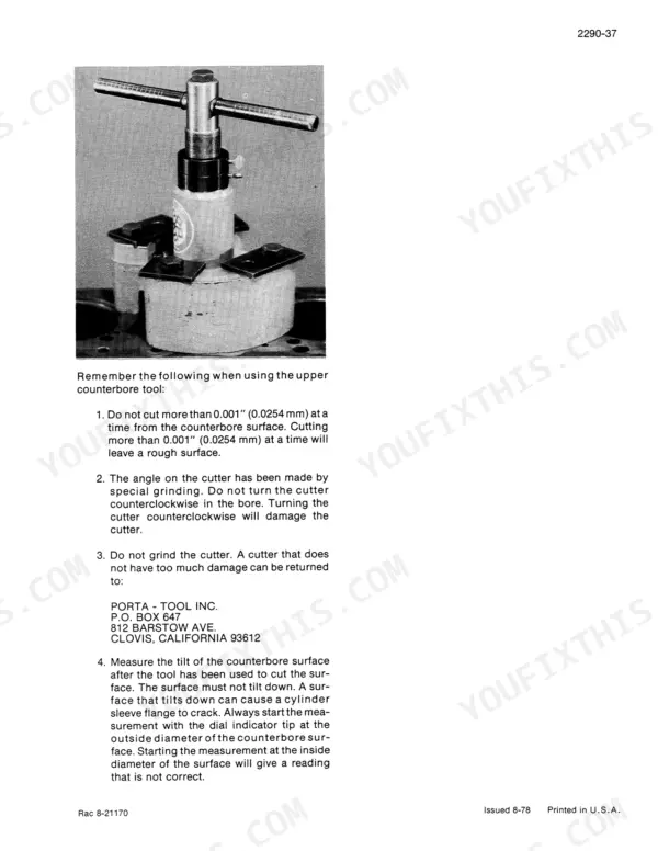 Case 1450B, 1455B counterbore tool setup for reconditioning the engine block, section 2290