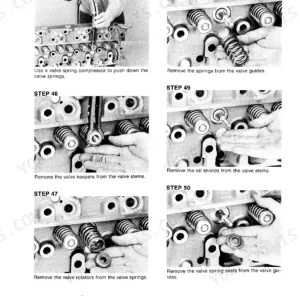 Case 466 engine valve spring removal step showing spring compressor, valve keepers and rotators