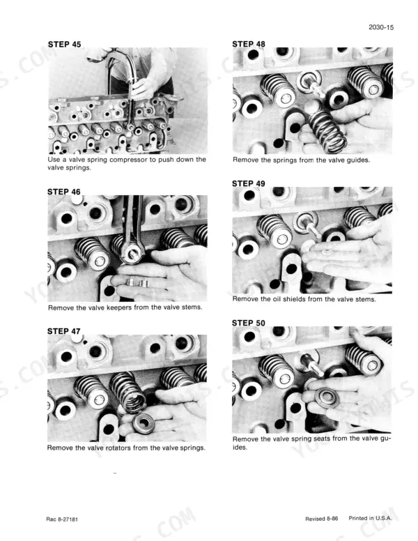 case-1822-1844-2022-2044-2055-cotton-picker-service-manual-466-engine-cylinder-head-valve-train-and-cylinder-block-2030-2040-123-1.webp Case 466 engine valve spring removal step showing spring compressor, valve keepers and rotators